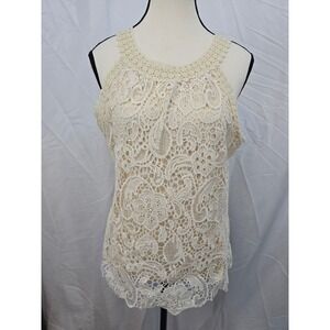 Adiva Womens Cream Floral Lace Sleeveless Tank Top Medium Crochet Keyhole Back
